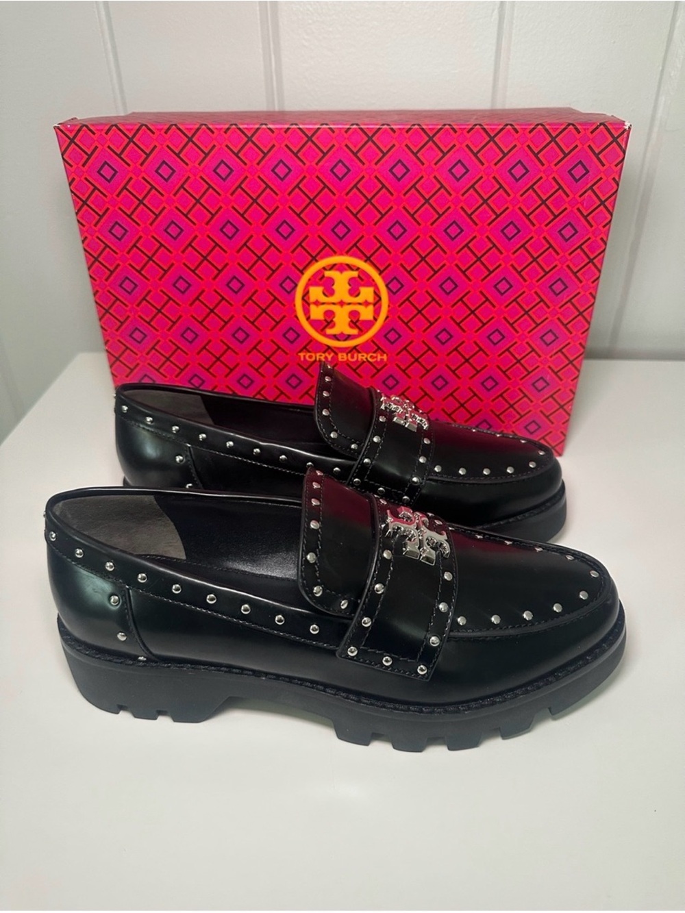Tory Burch Black Leather Studded Logo Loafers